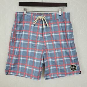 Ocean & Earth Swim Trunks Mens L Blue Red Plaid Lace Up Fly Netted Surf Beach